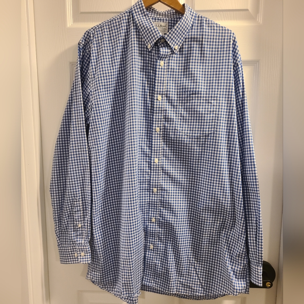 Mens L.L.Bean Kennebunk Wrinkle-Free L/S Button Up Shirt XL Tall Blue White